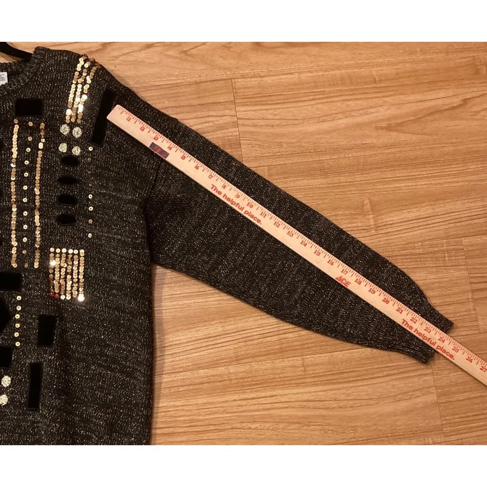 Vintage 80s Bonnie Bill Women L Black Sequin Velvet Geometric Knit Sweater Party